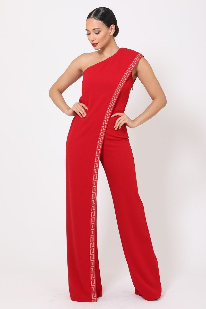 One Shoulder Greek Border Pattern Jumpsuit - A&A Haute Spot