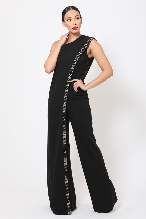 One Shoulder Greek Border Pattern Jumpsuit - A&A Haute Spot