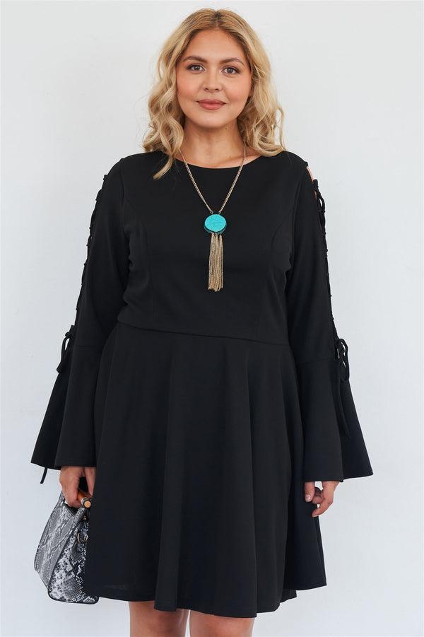 Plus Size Black Lace Up Detail Bell Sleeve Dress - A&A Haute Spot