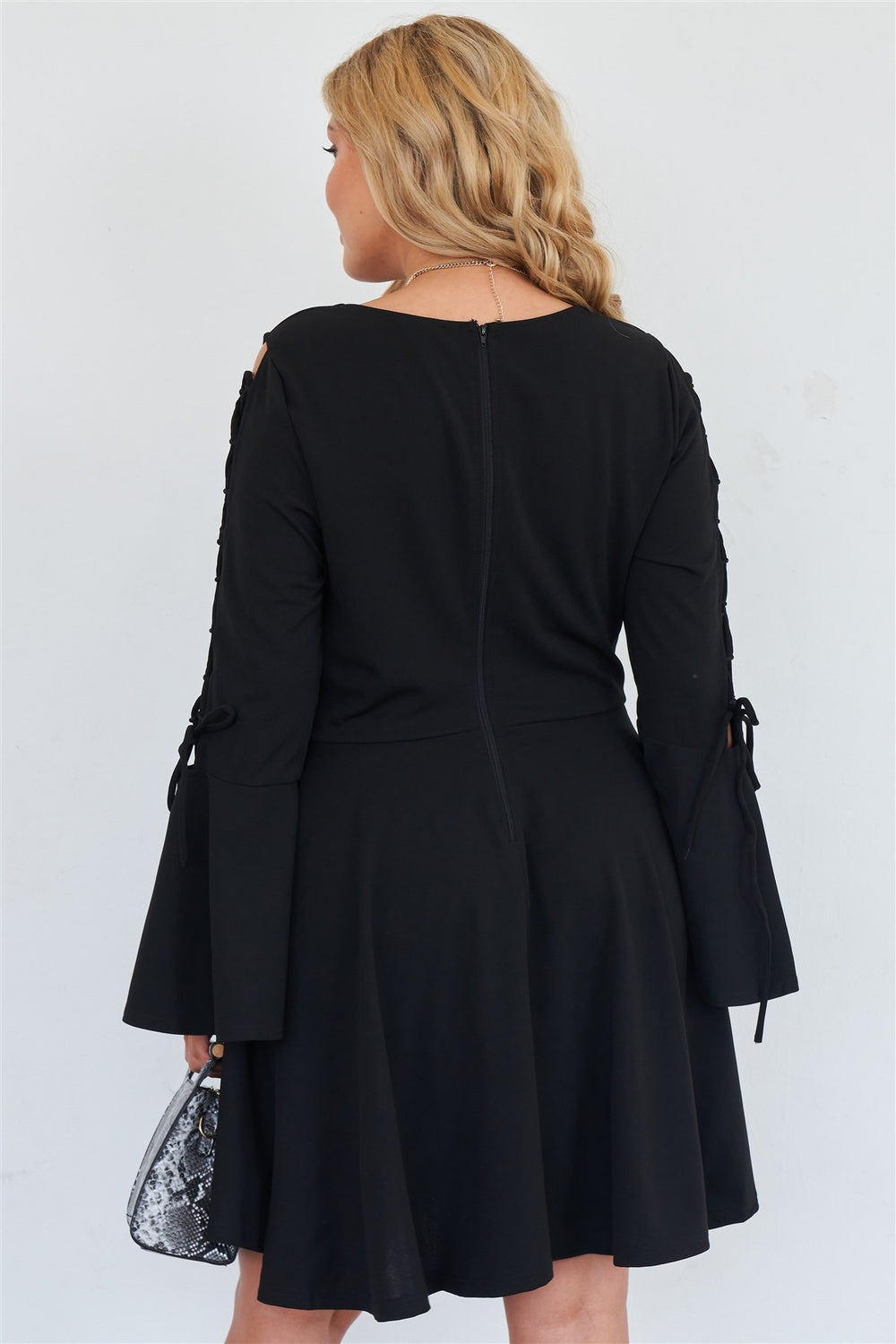 Plus Size Black Lace Up Detail Bell Sleeve Dress - A&A Haute Spot