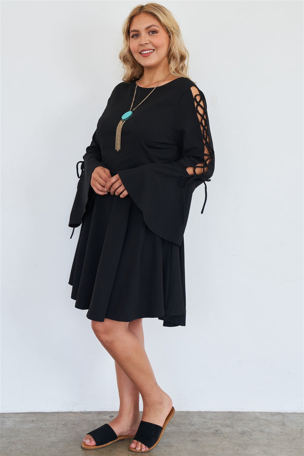 Plus Size Black Lace Up Detail Bell Sleeve Dress - A&A Haute Spot