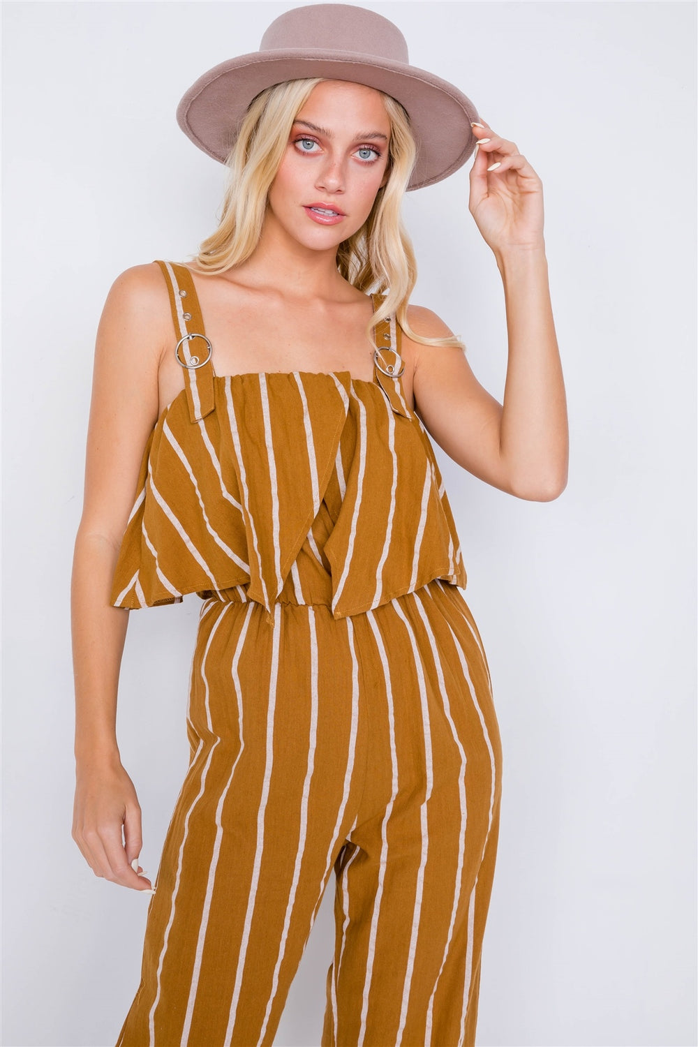 Stripe Buckle Shoulder Wide Leg Jumpsuit - A&A Haute Spot