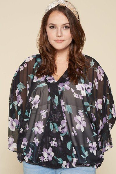Plus Size Floral Chiffon Sheer Surplice Top - A&A Haute Spot