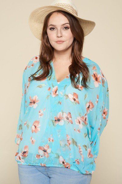 Plus Size Floral Chiffon Sheer Surplice Top - A&A Haute Spot