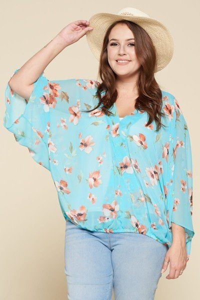 Plus Size Floral Chiffon Sheer Surplice Top - A&A Haute Spot