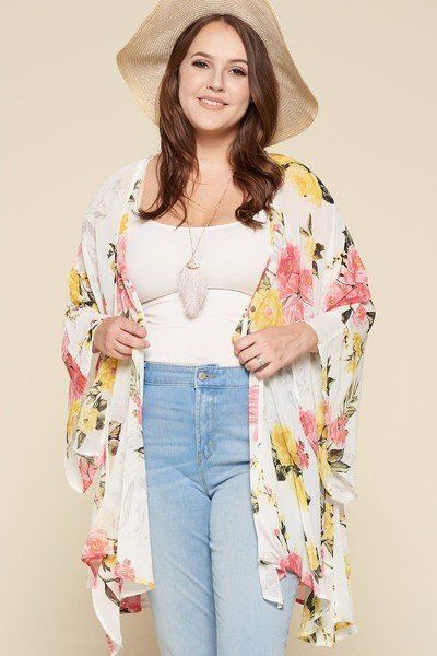 Plus Size Floral Printed Oversize Flowy And Airy Kimono With Dramatic Bell Sleeves - A&A Haute Spot