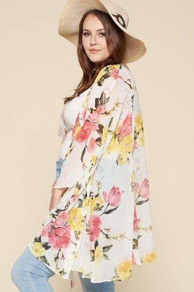 Plus Size Floral Printed Oversize Flowy And Airy Kimono With Dramatic Bell Sleeves - A&A Haute Spot