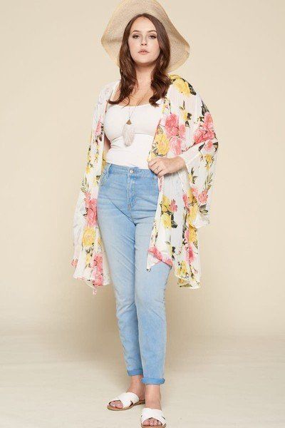 Plus Size Floral Printed Oversize Flowy And Airy Kimono With Dramatic Bell Sleeves - A&A Haute Spot