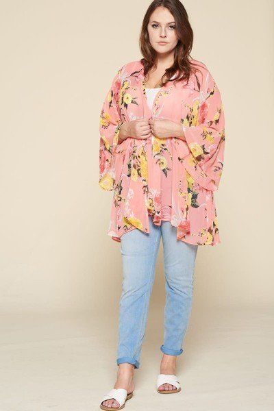 Plus Size Floral Printed Oversize Flowy And Airy Kimono With Dramatic Bell Sleeves - A&A Haute Spot