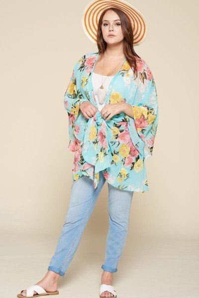 Plus Size Floral Printed Oversize Flowy And Airy Kimono With Dramatic Bell Sleeves - A&A Haute Spot