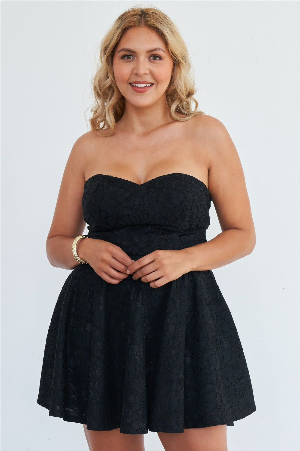 Plus Size Strapless Black Floral Lace Embroidered Flare Mini Dress - A&A Haute Spot