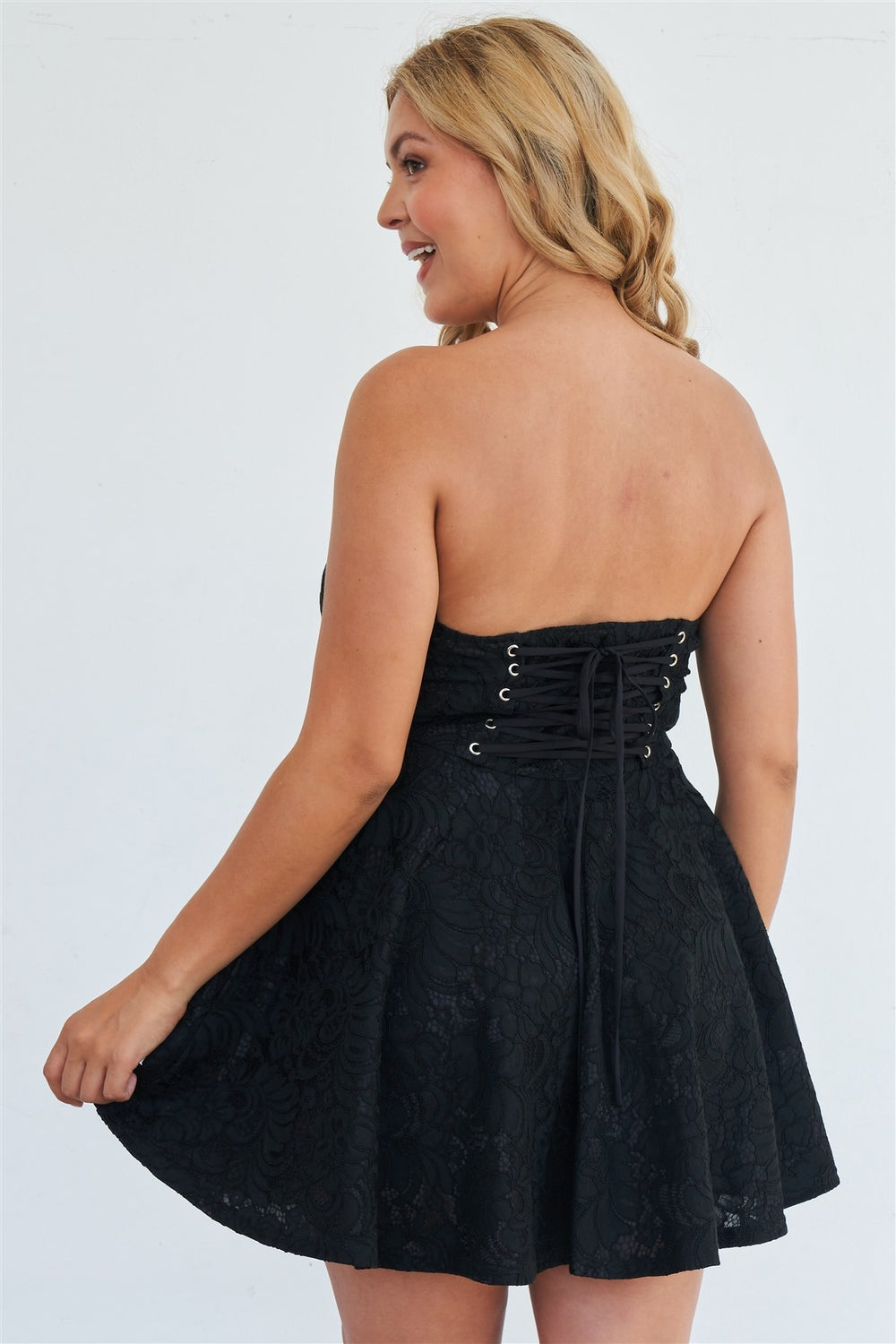 Plus Size Strapless Black Floral Lace Embroidered Flare Mini Dress - A&A Haute Spot