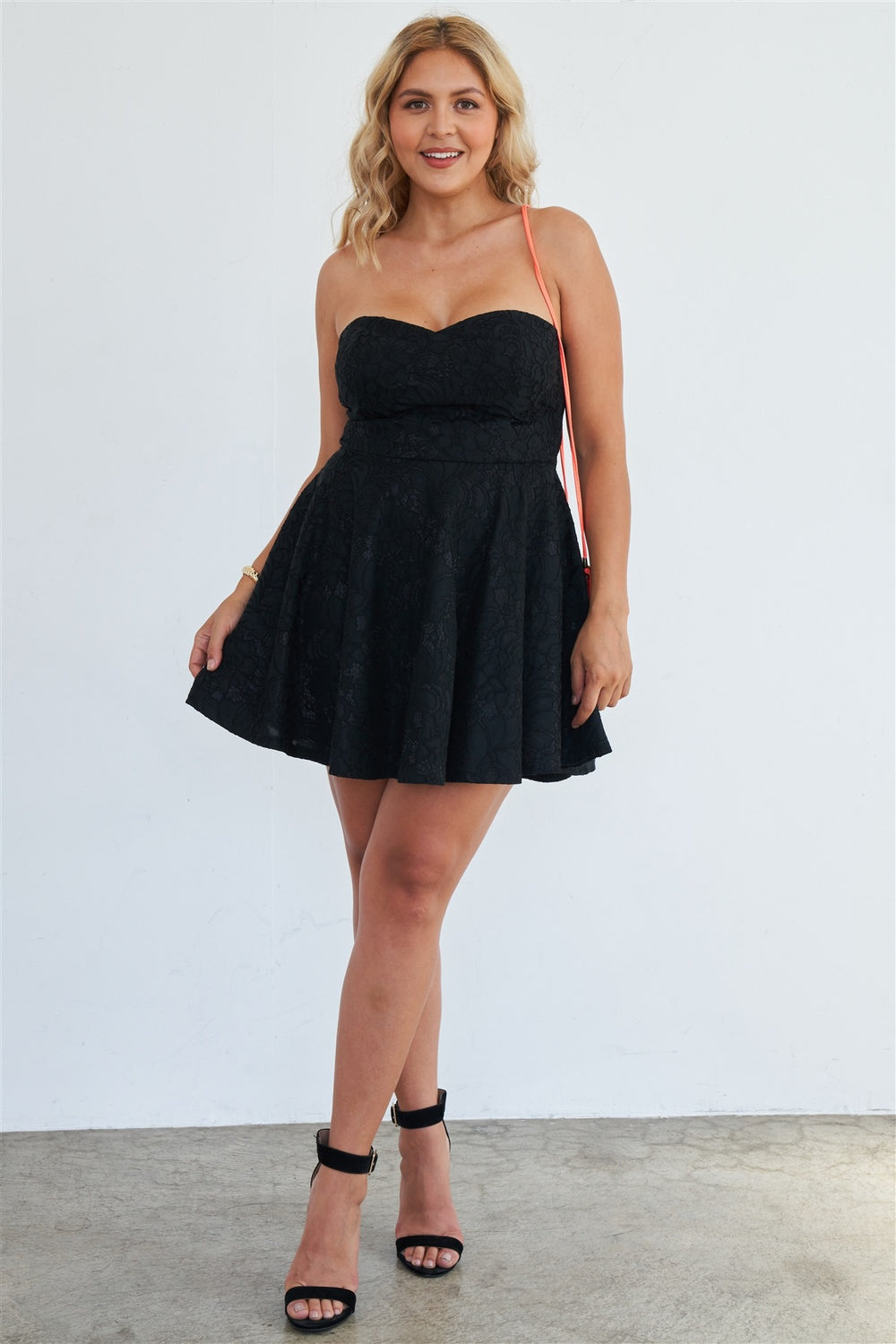 Plus Size Strapless Black Floral Lace Embroidered Flare Mini Dress - A&A Haute Spot