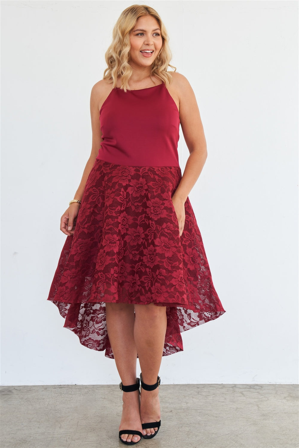Plus Size Cabernet Square Neckline Hi-low Floral Lace Maxi Dress - A&A Haute Spot