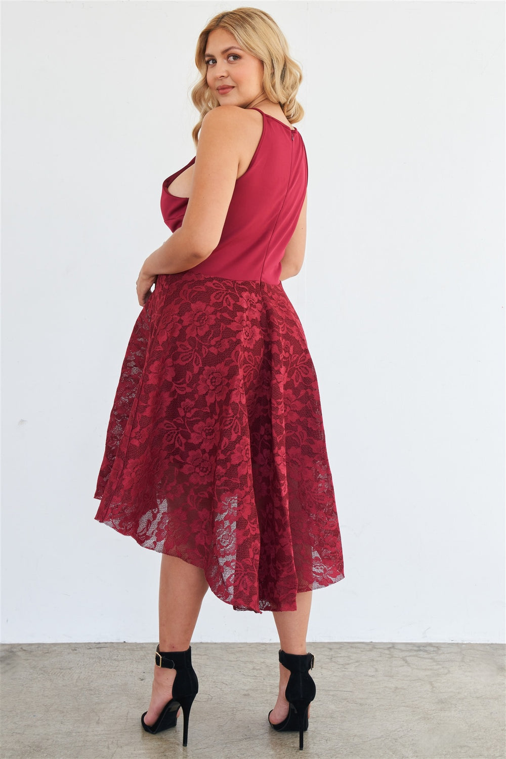 Plus Size Cabernet Square Neckline Hi-low Floral Lace Maxi Dress - A&A Haute Spot