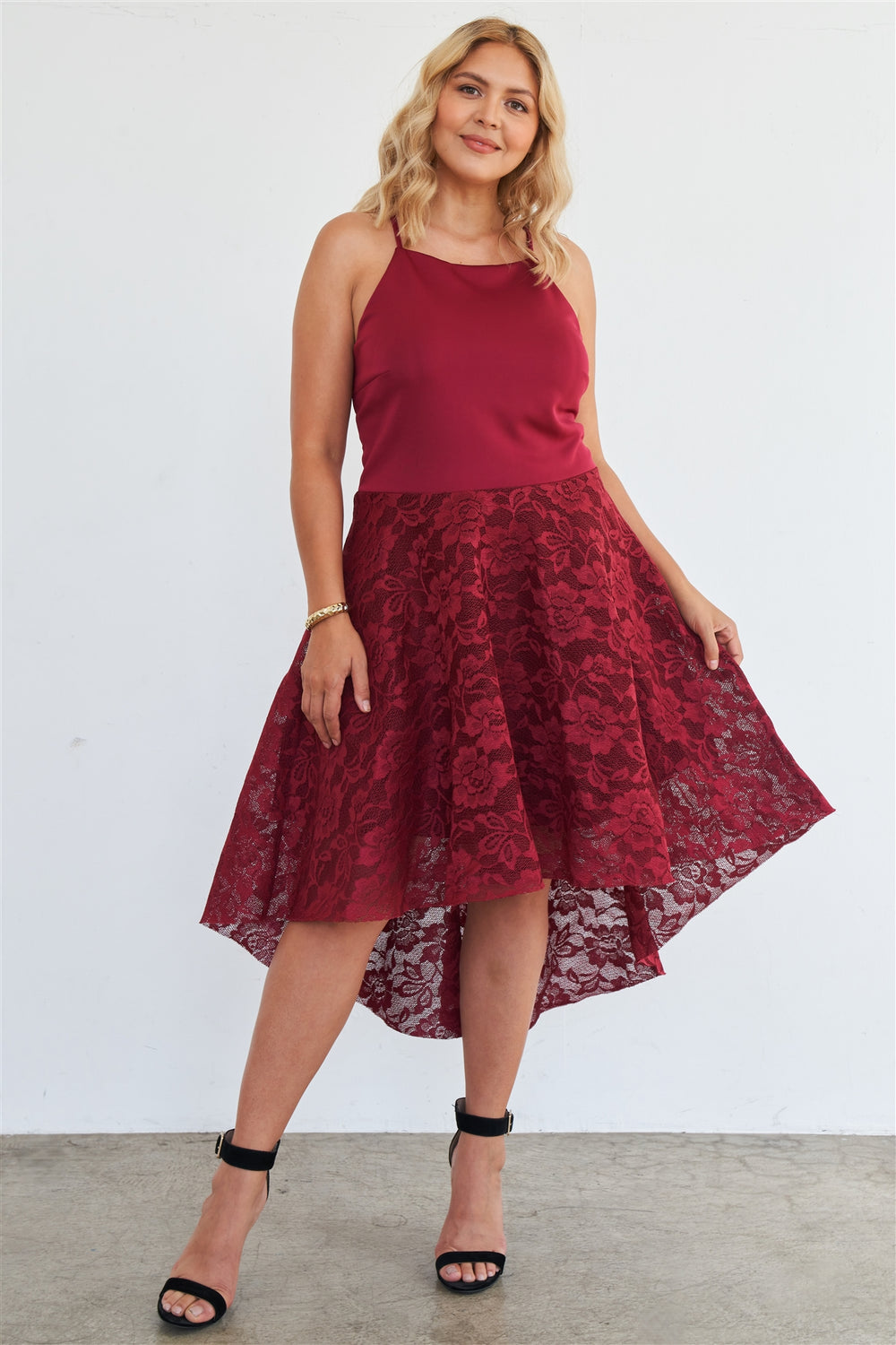Plus Size Cabernet Square Neckline Hi-low Floral Lace Maxi Dress - A&A Haute Spot