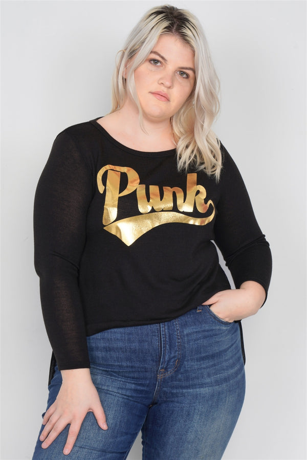 Plus Size "punk" Graphic Print Long Sleeves Sheer Back Hi-lo Top - A&A Haute Spot
