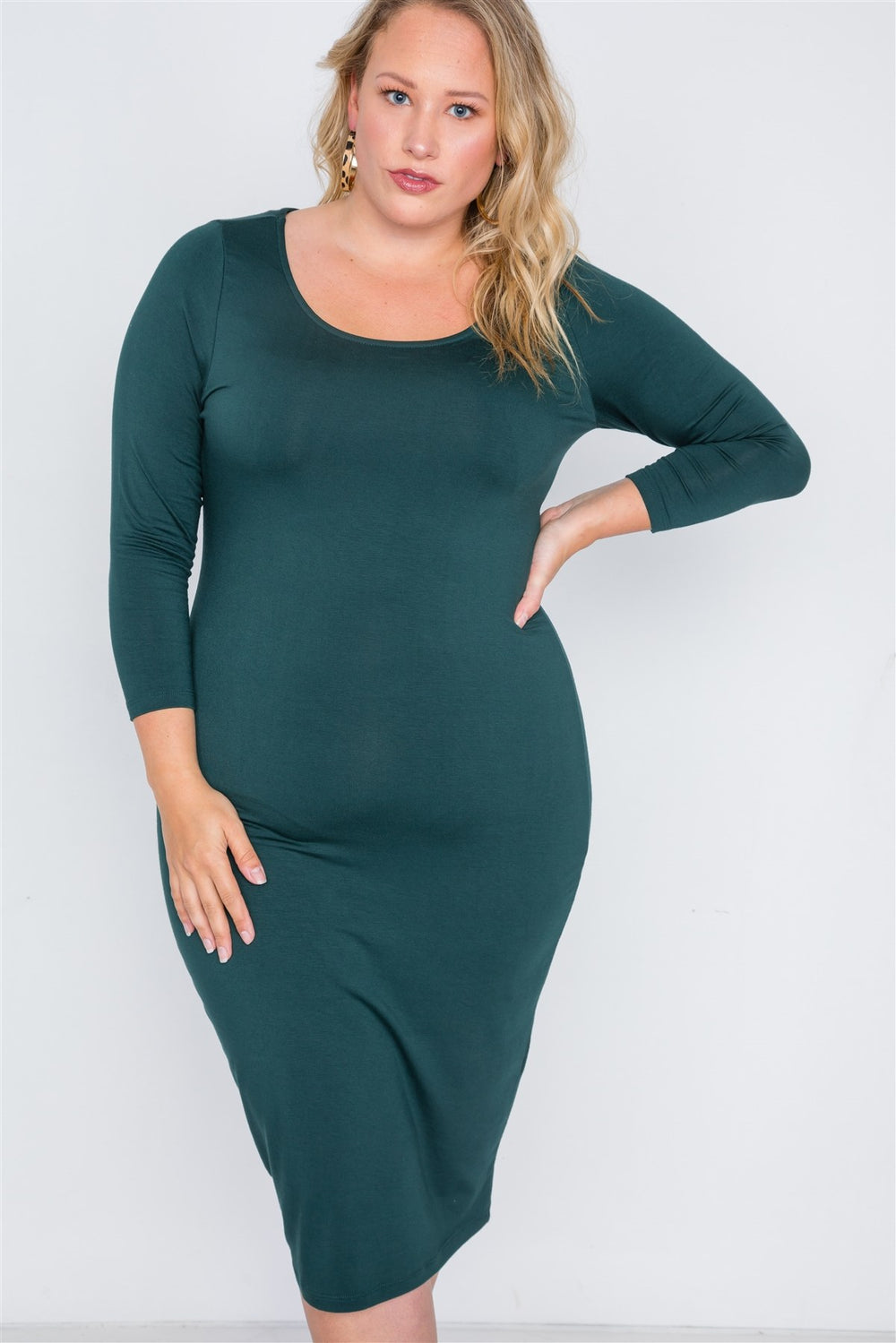 Plus Size Green Basic Long Sleeve Midi Dress - A&A Haute Spot