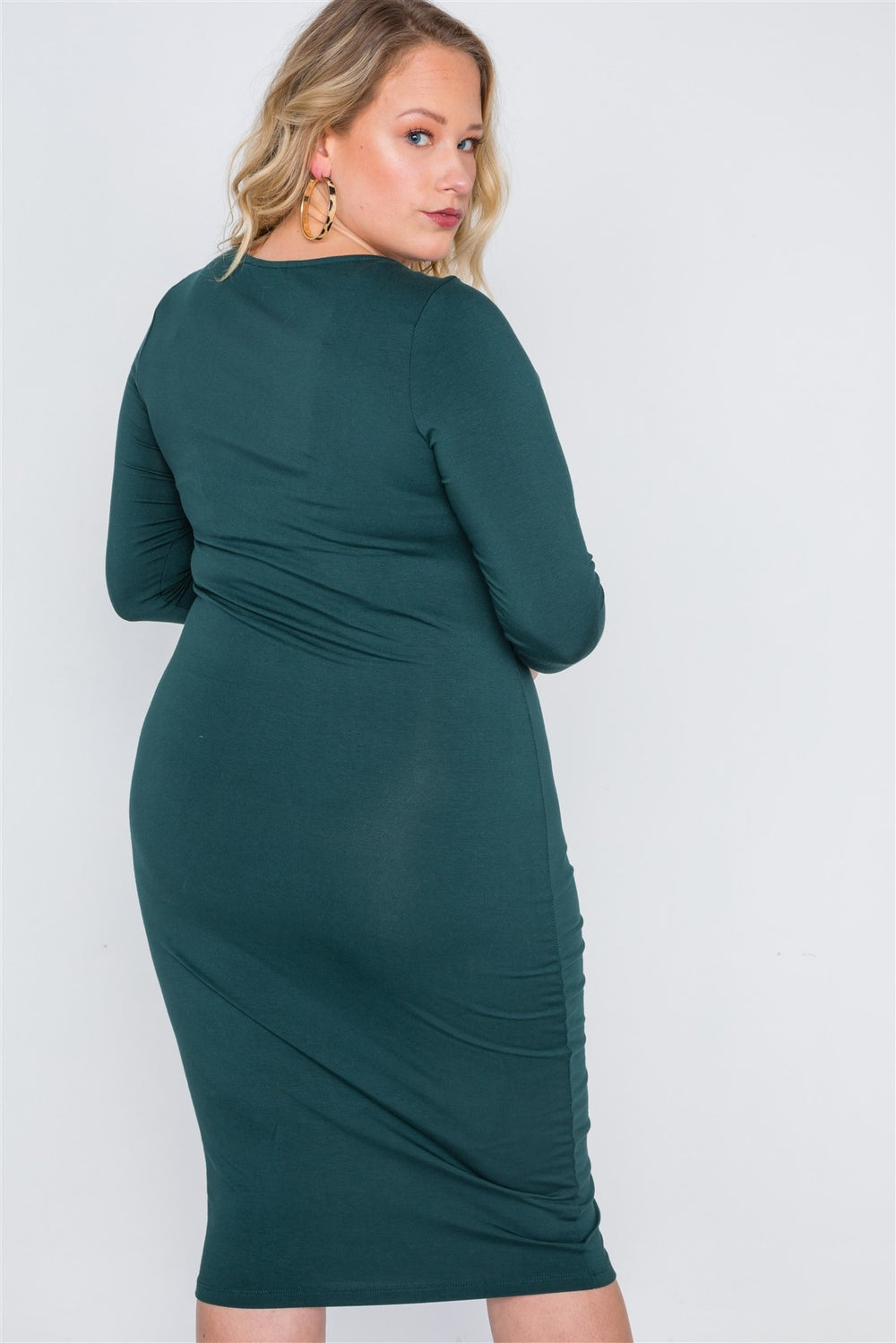 Plus Size Green Basic Long Sleeve Midi Dress - A&A Haute Spot