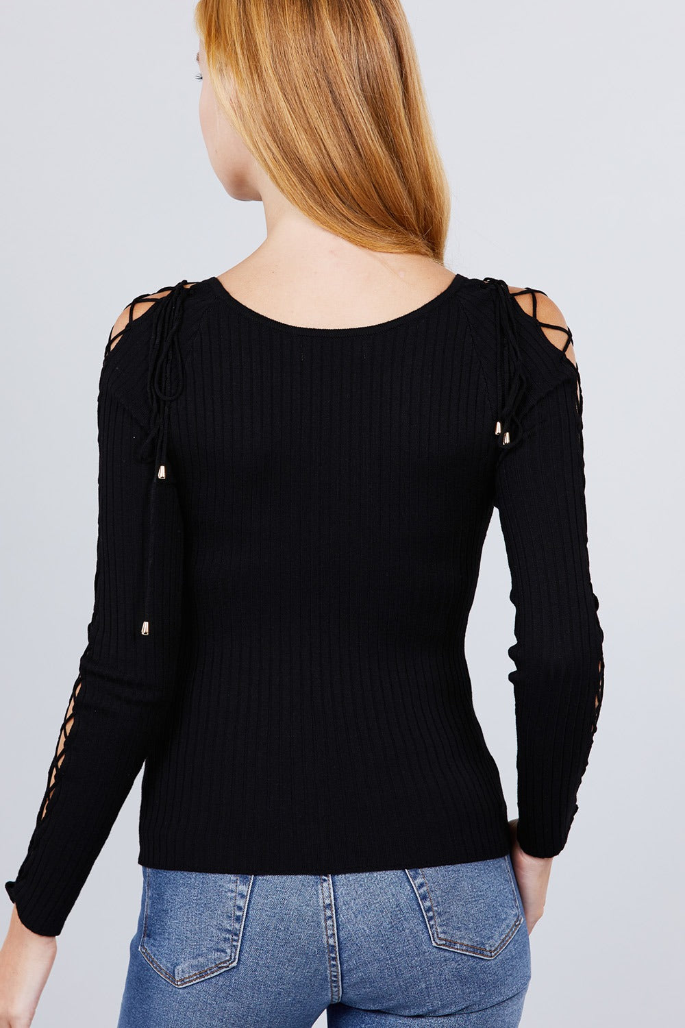 Long Sleeve W/strappy Detail Round Neck Rib Sweater Top - A&A Haute Spot