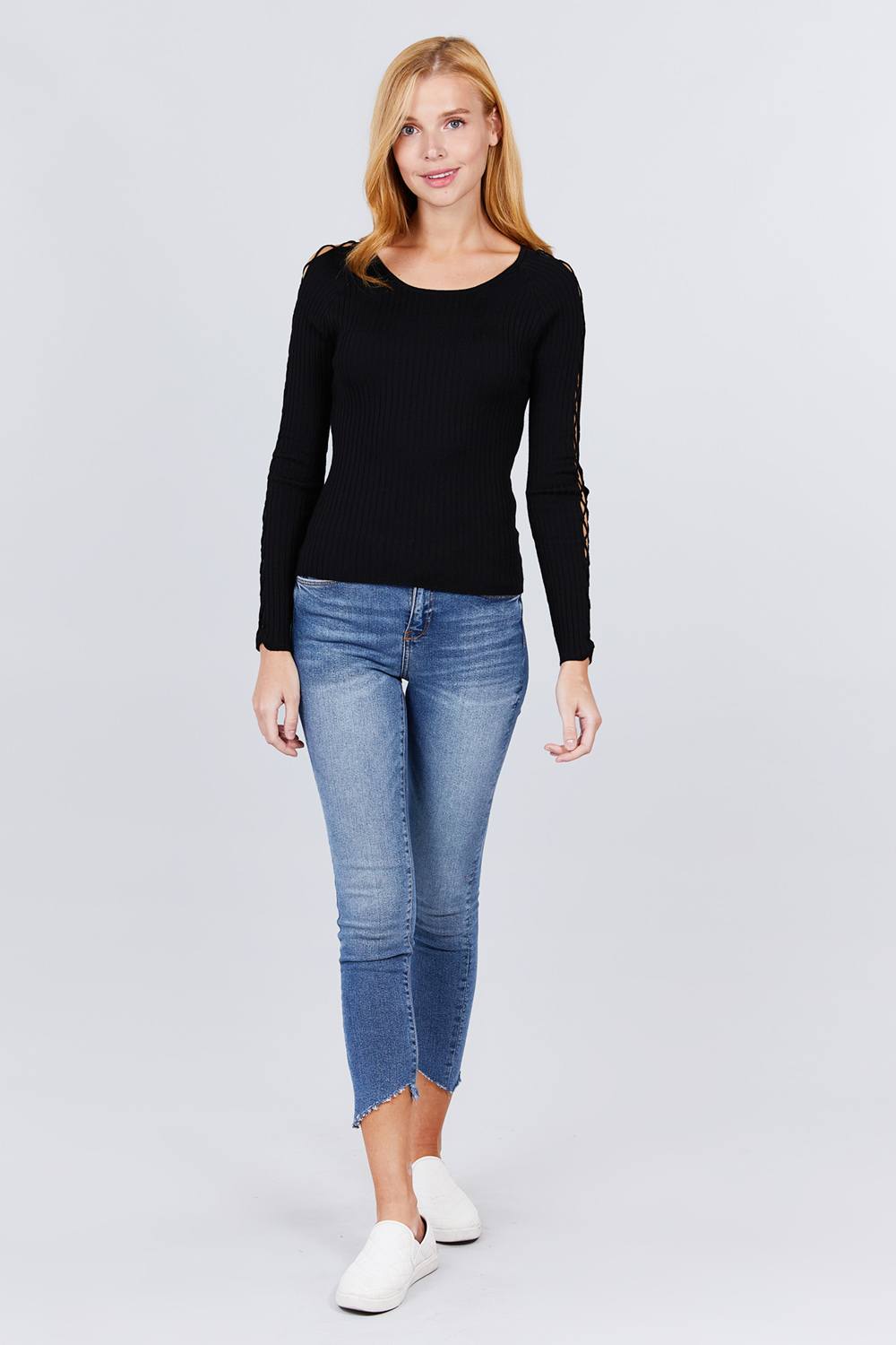 Long Sleeve W/strappy Detail Round Neck Rib Sweater Top - A&A Haute Spot