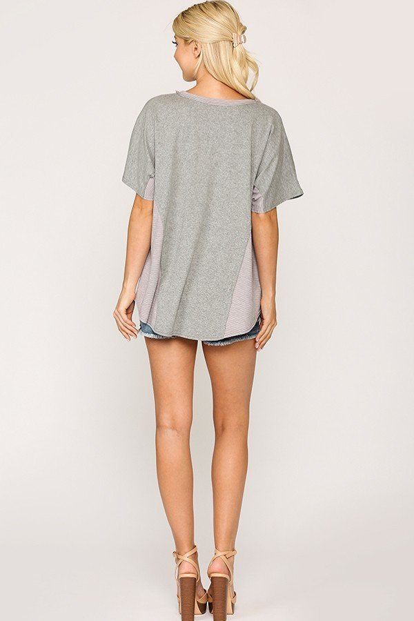 Rib Knit Mixed Dolman Sleeve Top With Round Hem - A&A Haute Spot