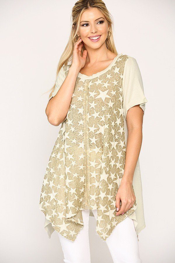Star Textured Knit Mixed Tunic Top With Shark Bite Hem - A&A Haute Spot