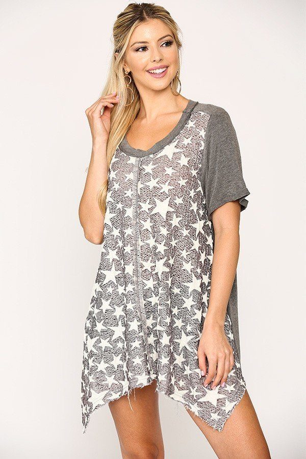 Star Textured Knit Mixed Tunic Top With Shark Bite Hem - A&A Haute Spot