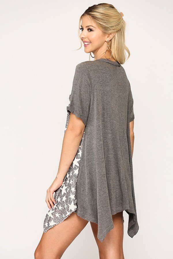 Star Textured Knit Mixed Tunic Top With Shark Bite Hem - A&A Haute Spot