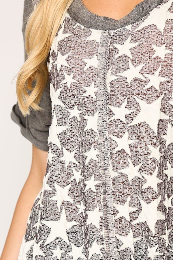Star Textured Knit Mixed Tunic Top With Shark Bite Hem - A&A Haute Spot