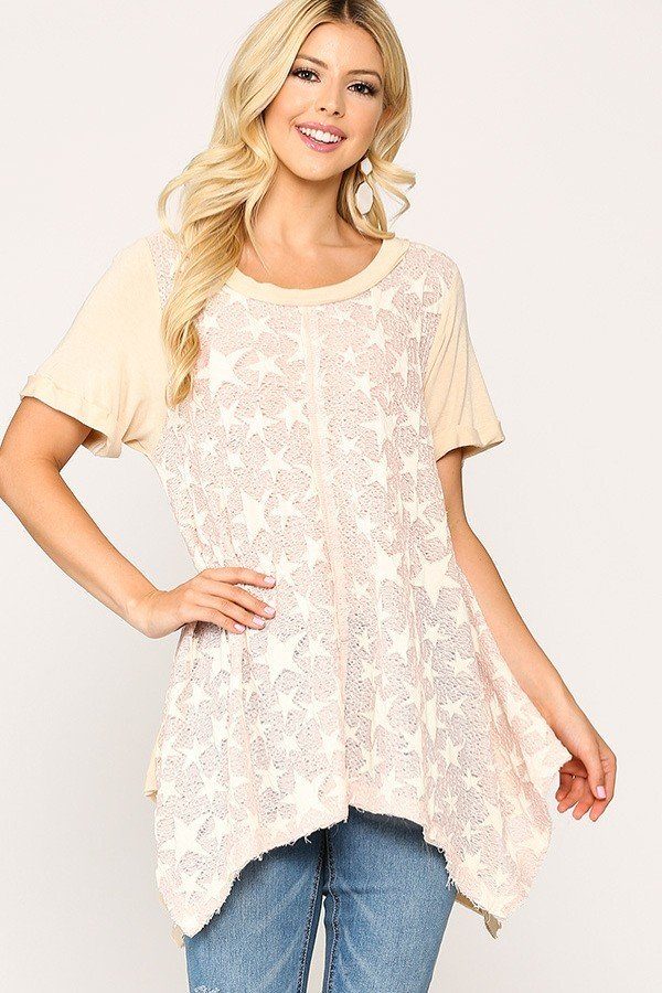 Star Textured Knit Mixed Tunic Top With Shark Bite Hem - A&A Haute Spot