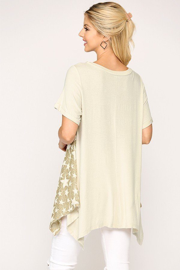 Star Textured Knit Mixed Tunic Top With Shark Bite Hem - A&A Haute Spot