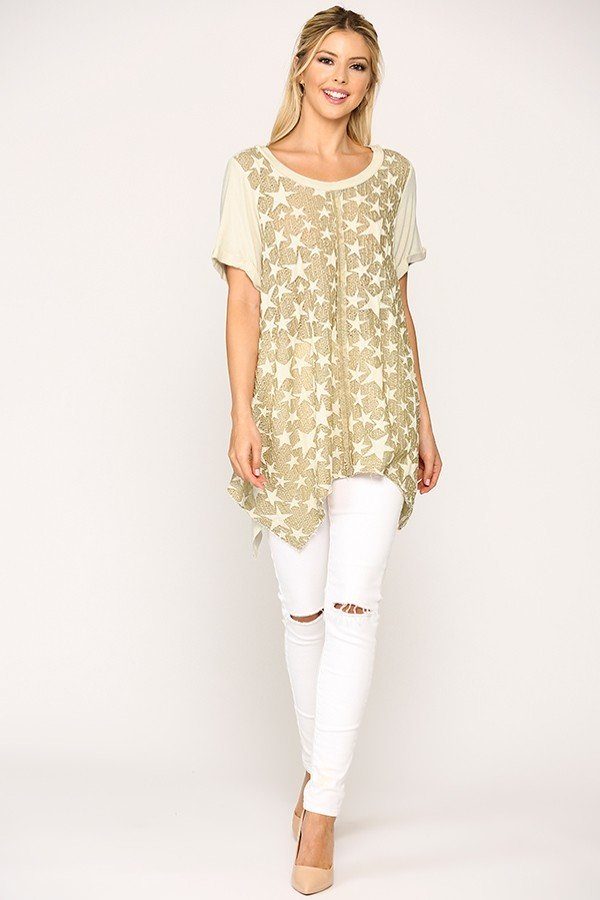 Star Textured Knit Mixed Tunic Top With Shark Bite Hem - A&A Haute Spot