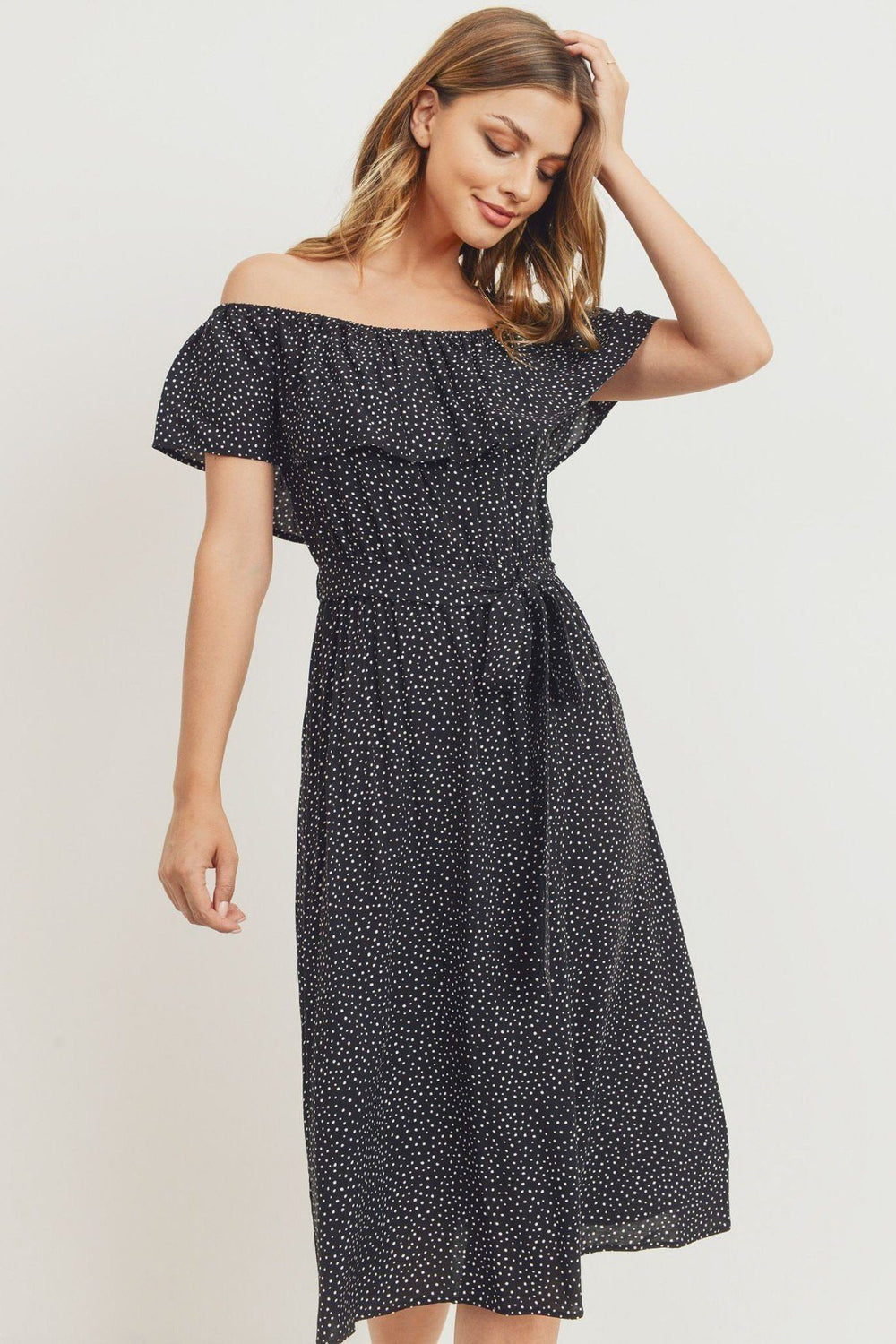 Off The Shoulder Waist Belt With Printed Midi Dress - A&A Haute Spot