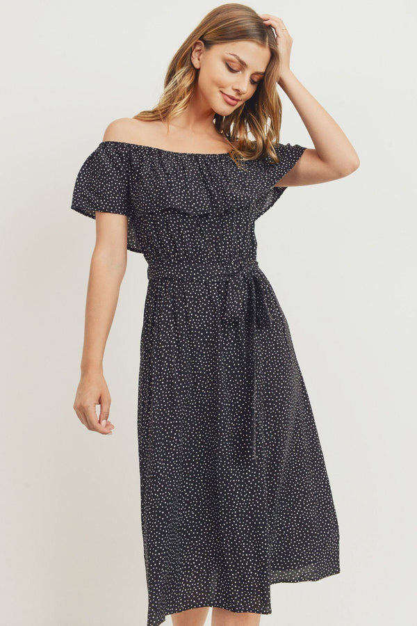 Off The Shoulder Waist Belt With Printed Midi Dress - A&A Haute Spot