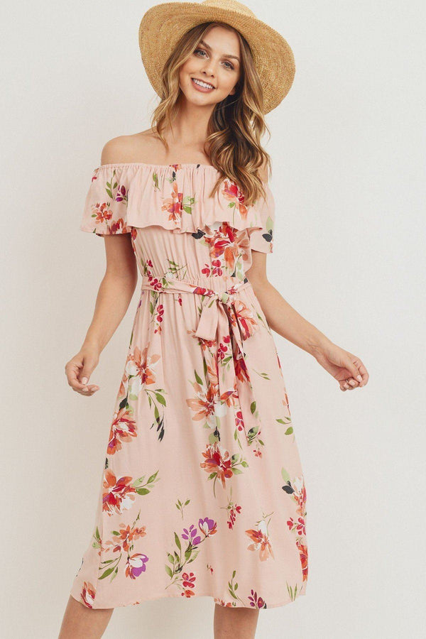 Off The Shoulder Waist Belt With Printed Midi Dress - A&A Haute Spot