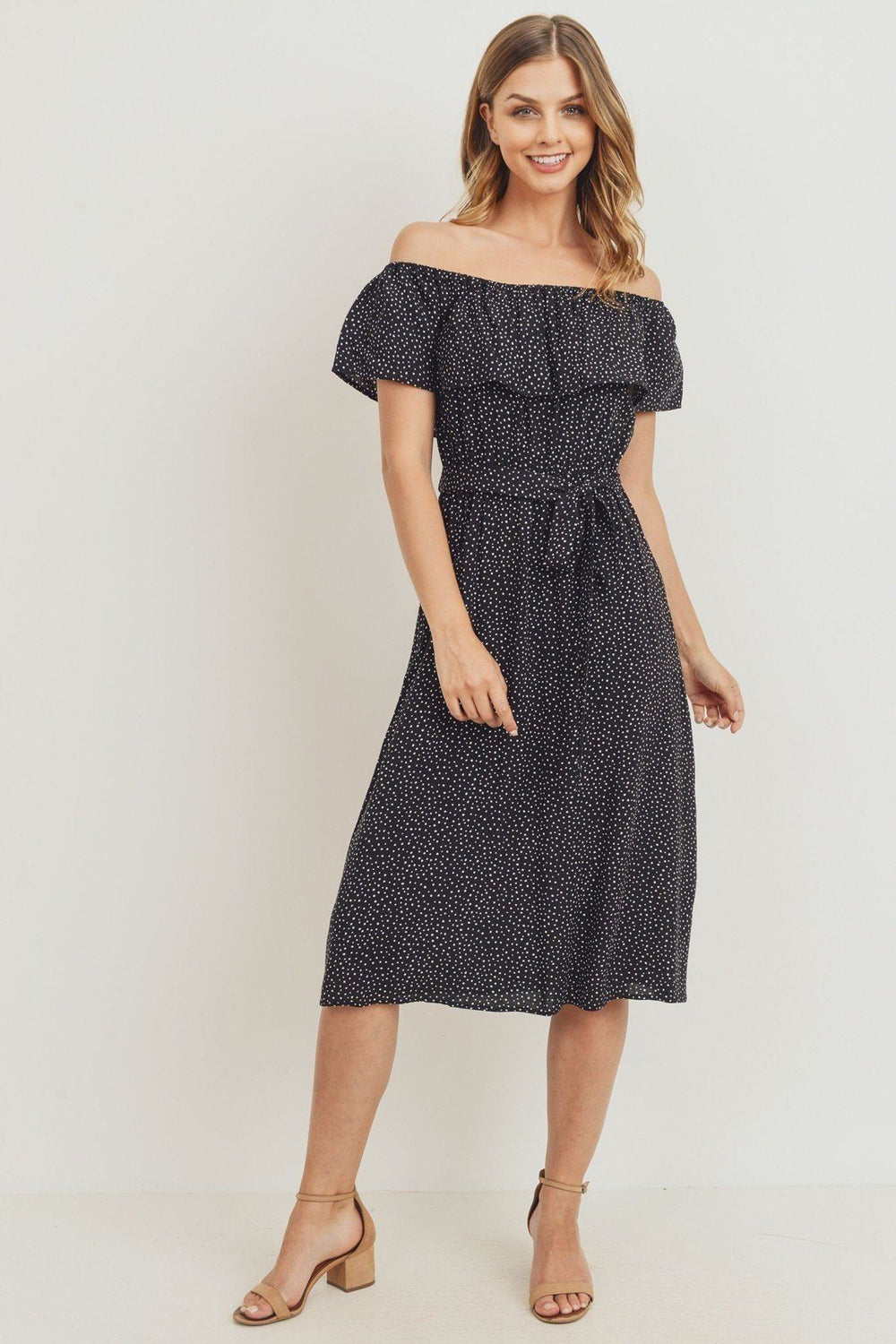 Off The Shoulder Waist Belt With Printed Midi Dress - A&A Haute Spot