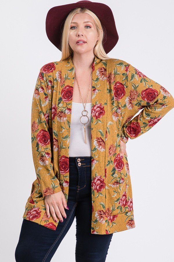 Plus Size Flower Print Pocket Flower Print Hacci Cardigan - A&A Haute Spot