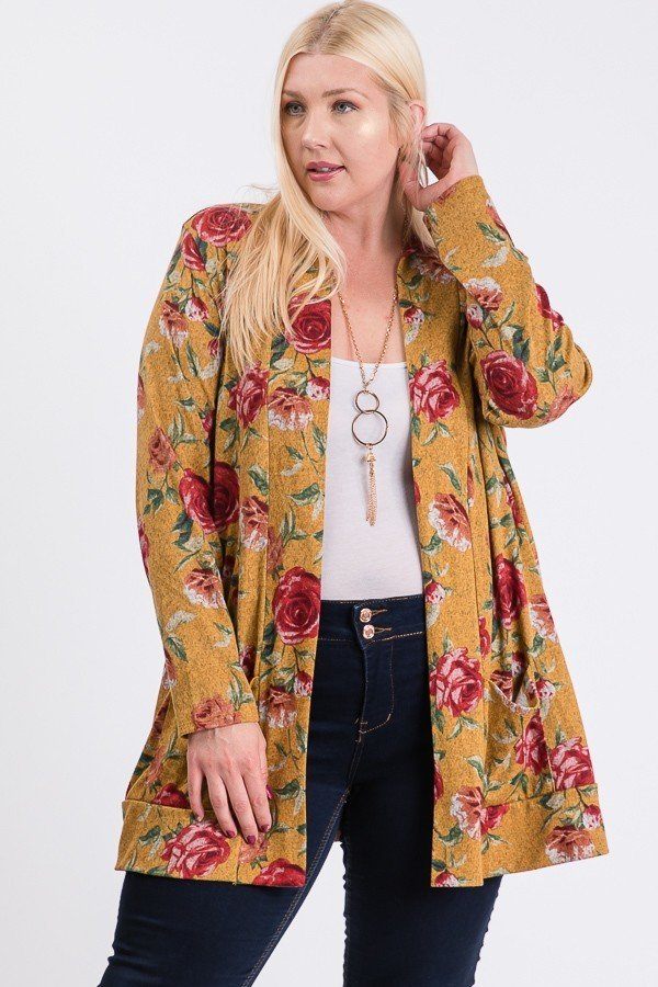 Plus Size Flower Print Pocket Flower Print Hacci Cardigan - A&A Haute Spot