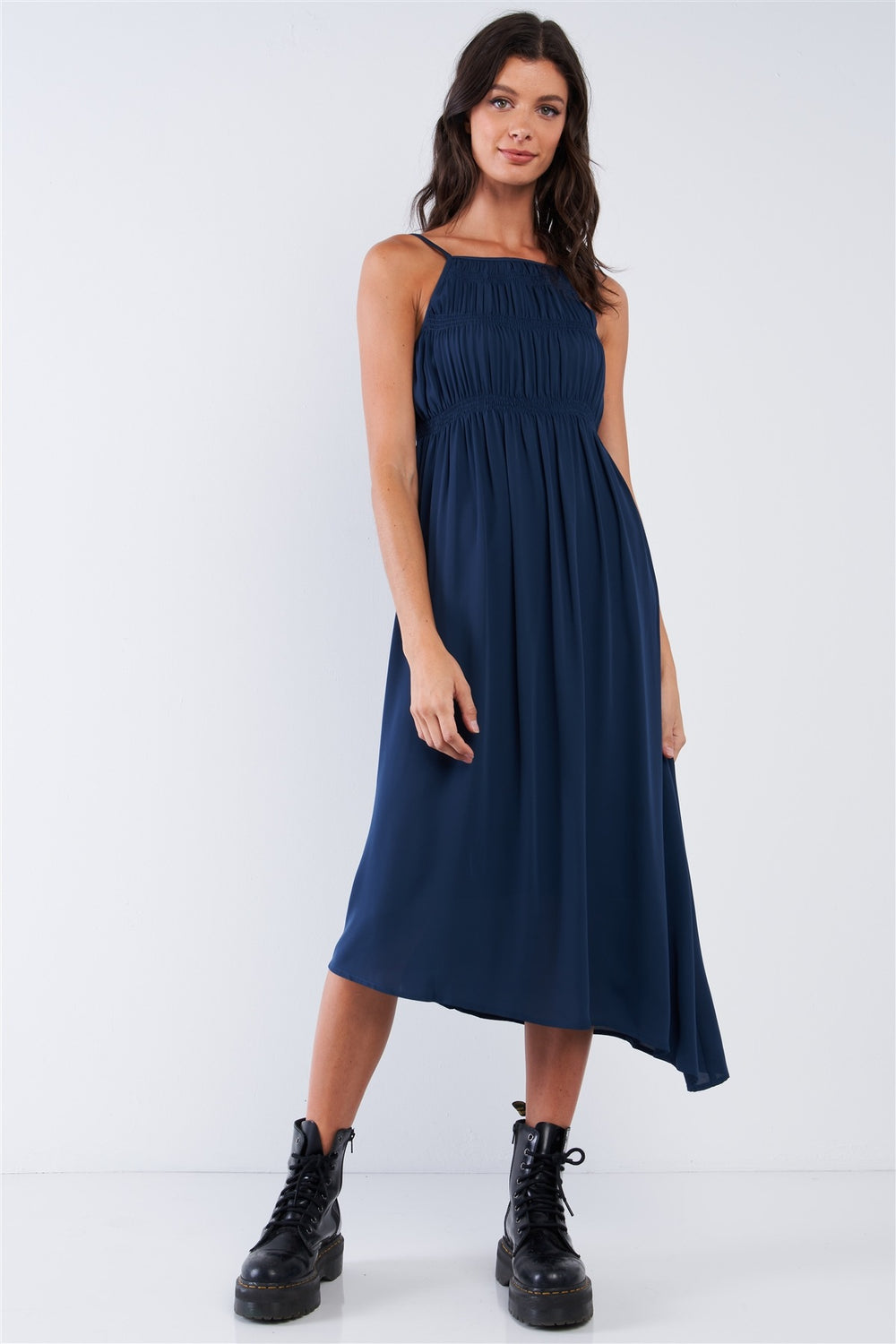 Navy Seal Blue Asymmetrical Square Neck Adjustable Cami Strap Maxi Dress - A&A Haute Spot
