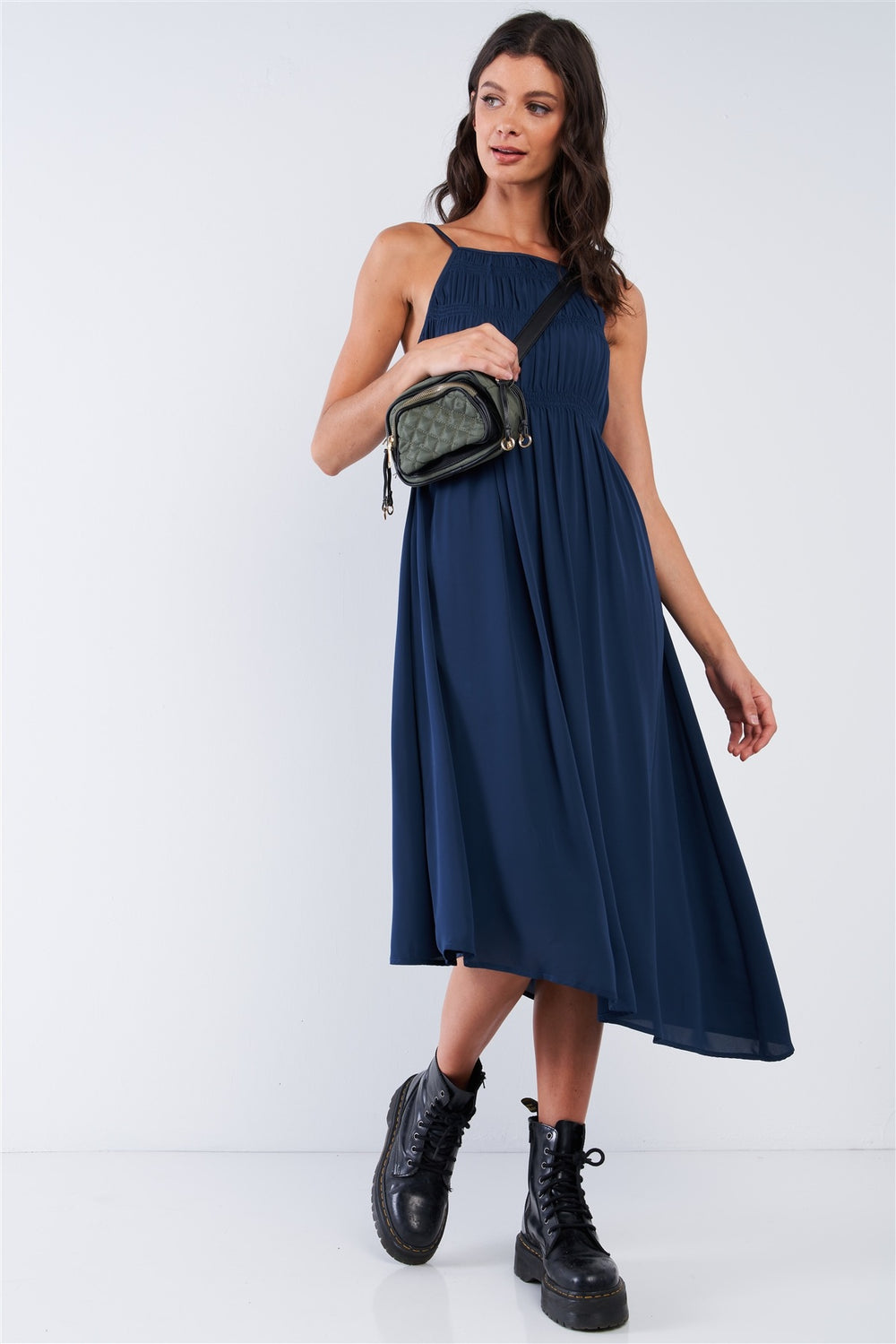Navy Seal Blue Asymmetrical Square Neck Adjustable Cami Strap Maxi Dress - A&A Haute Spot