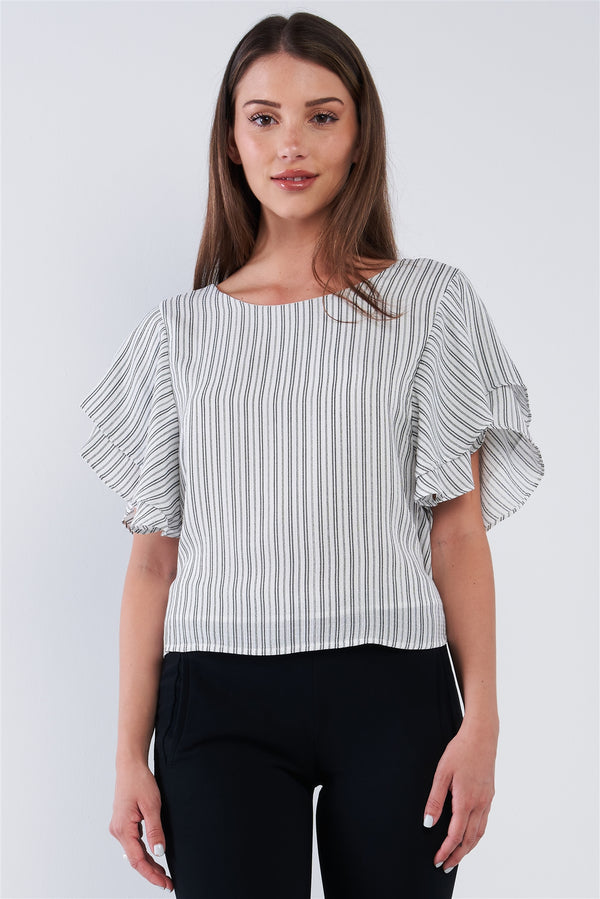 White Black Striped Ruffled Sleeve Backless Belted Blouse Top - A&A Haute Spot
