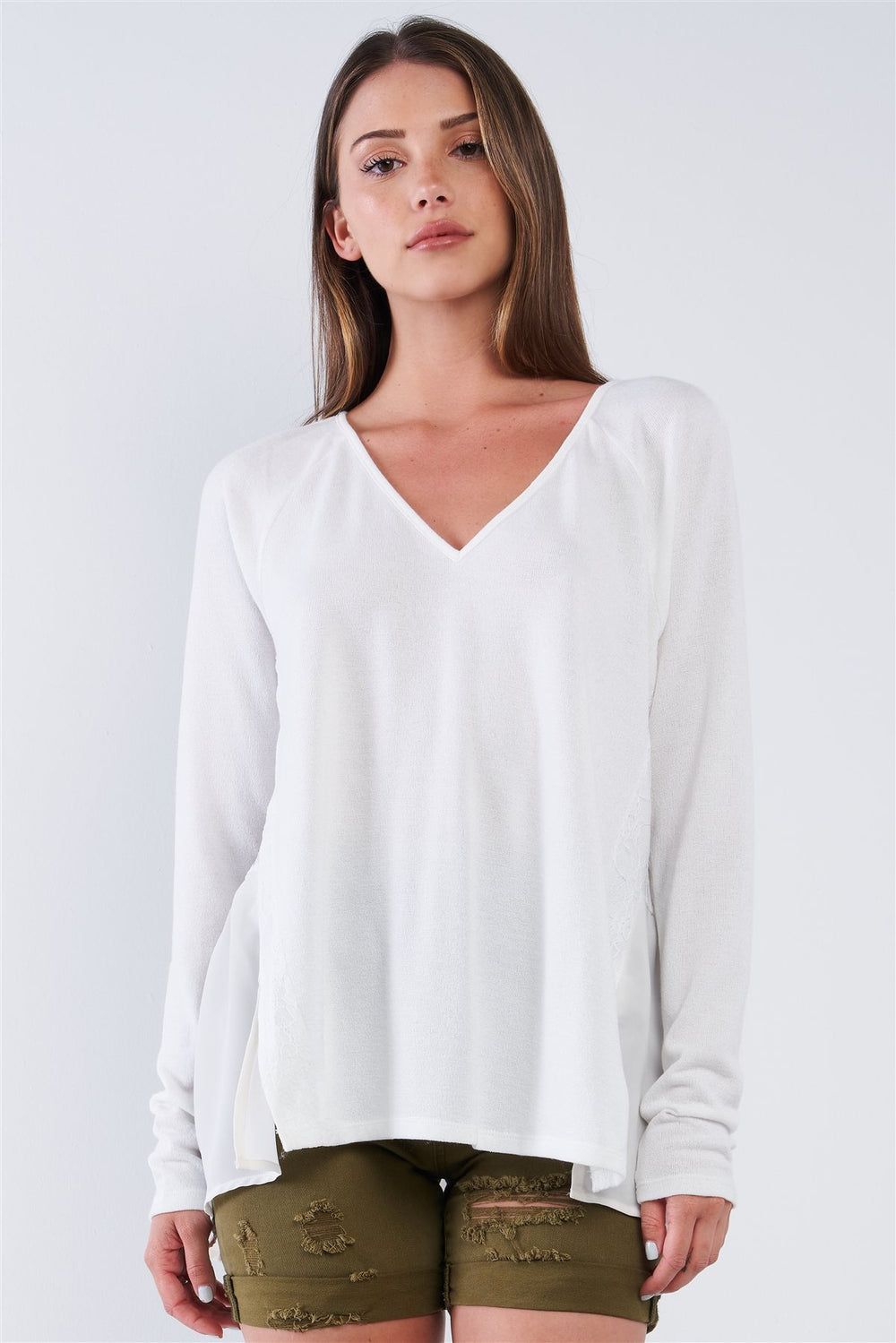Off-white Loose Fit Long Sleeve V-neck Mesh Detail Tunic Pullover Top - A&A Haute Spot