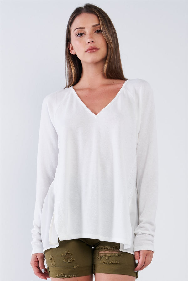 Off-white Loose Fit Long Sleeve V-neck Mesh Detail Tunic Pullover Top - A&A Haute Spot