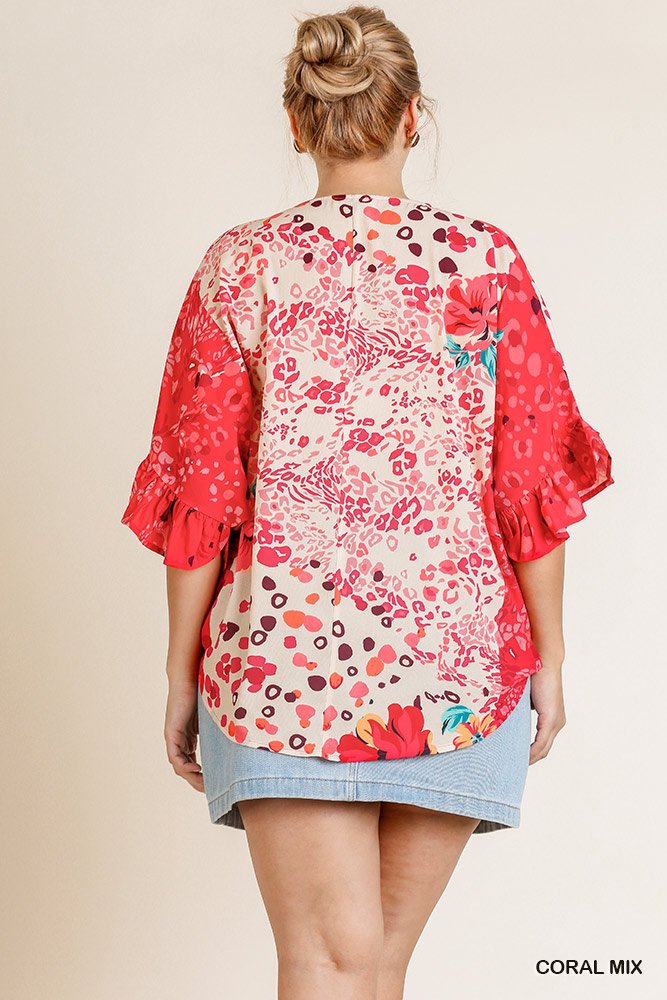 Floral Animal Mixed Print Ruffle Sleeve V-neck Crossbody Top With Scoop Hem - A&A Haute Spot