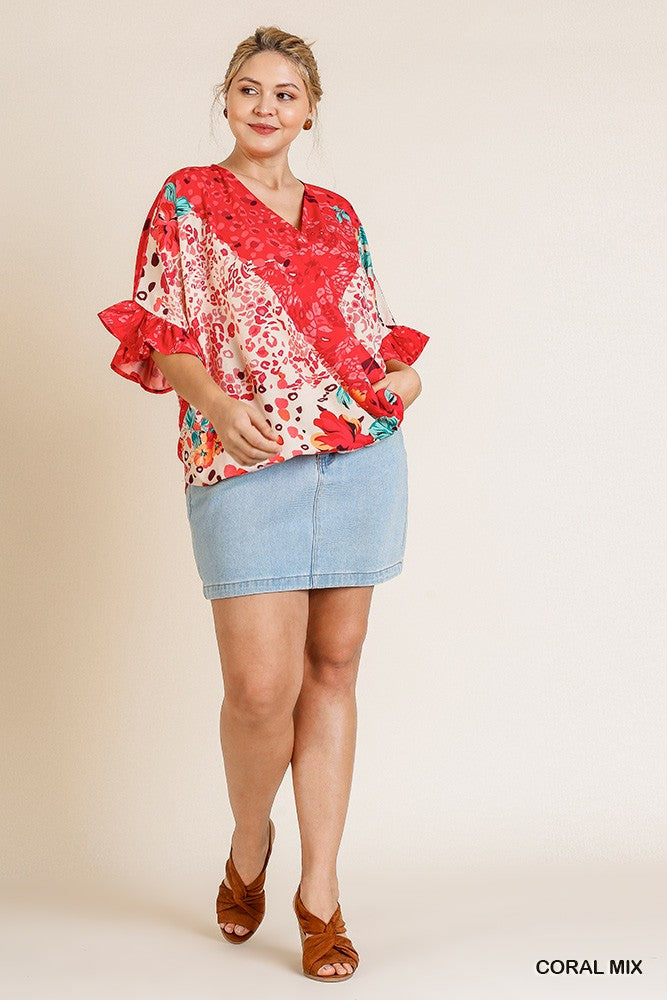 Floral Animal Mixed Print Ruffle Sleeve V-neck Crossbody Top With Scoop Hem - A&A Haute Spot