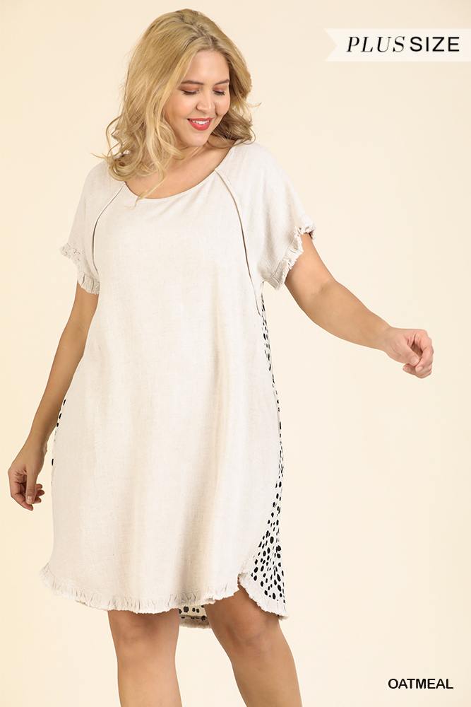Short Ruffle Sleeve Round Neck Dress With Dalmatian Print Back And Ruffle Frayed Scoop Hem - A&A Haute Spot