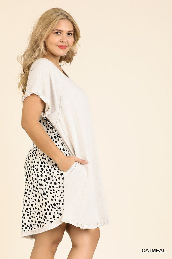 Short Ruffle Sleeve Round Neck Dress With Dalmatian Print Back And Ruffle Frayed Scoop Hem - A&A Haute Spot