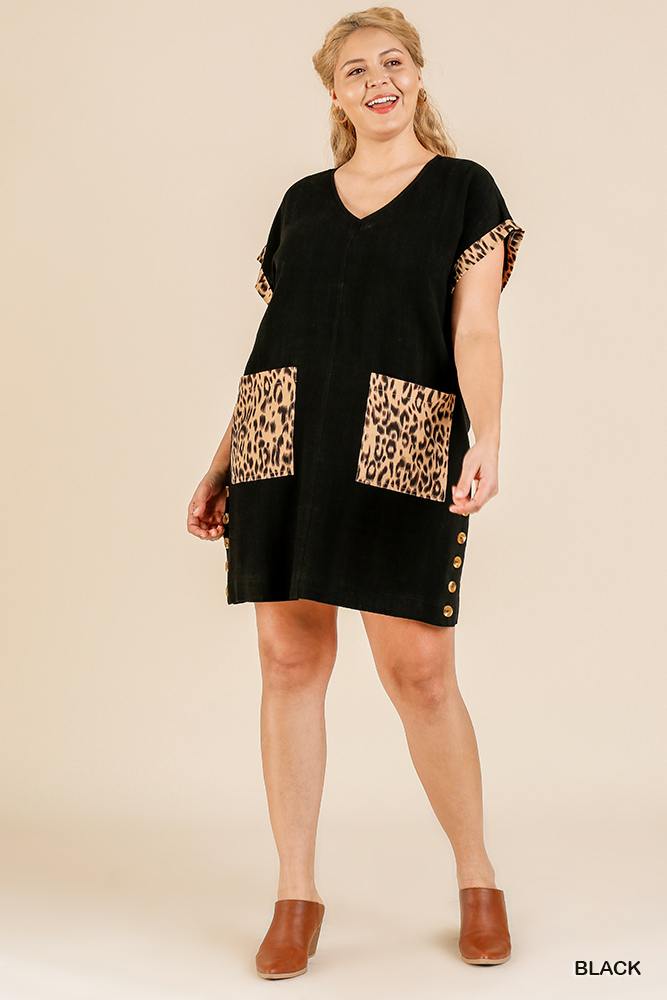 Animal Print Short Folded Sleeve V-neck Dress With Side Buttons And Front Pockets - A&A Haute Spot
