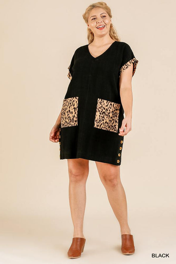 Animal Print Short Folded Sleeve V-neck Dress With Side Buttons And Front Pockets - A&A Haute Spot
